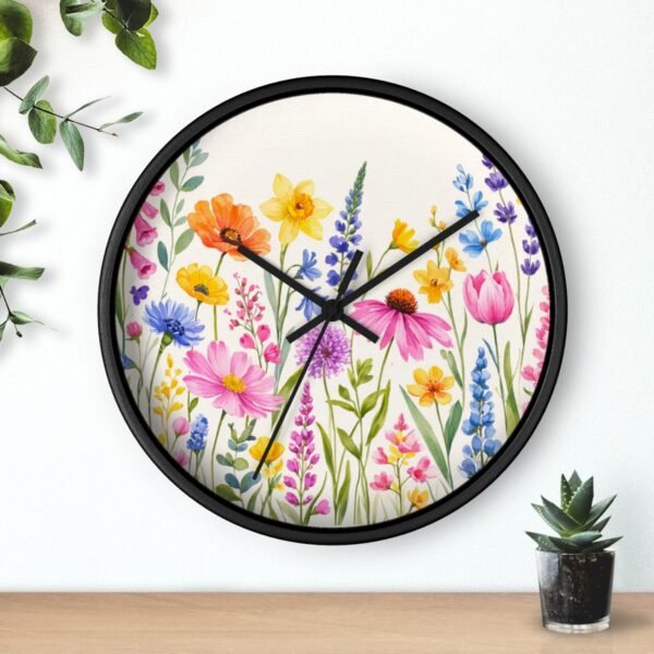 Spring Flowers wall clock black frame black hands above shelf Spring Flowers wall clock black frame black hands above shelf