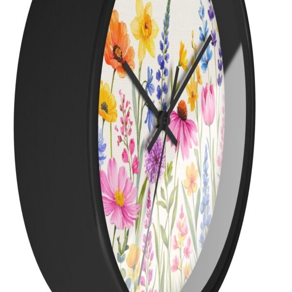 Spring Flowers wall clock black frame black hands side view Spring Flowers wall clock black frame black hands side view