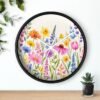 Spring Flowers wall clock black frame white hands above shelf Spring Flowers wall clock black frame white hands above shelf