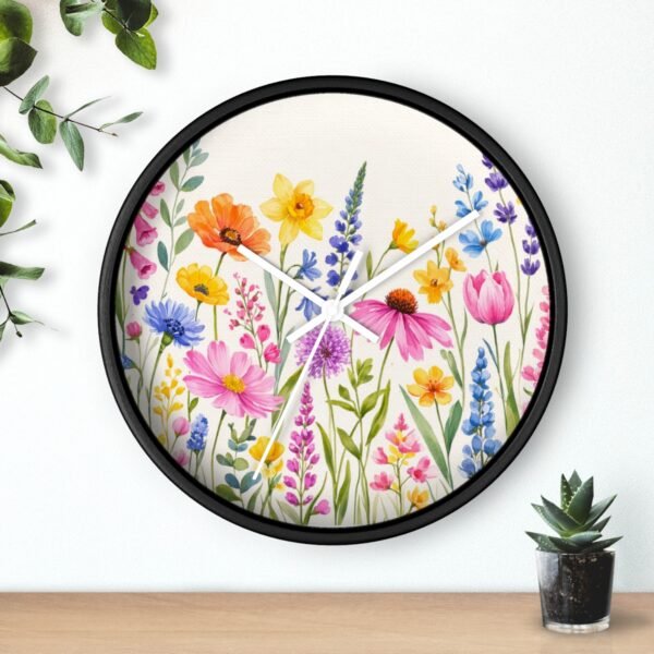 Spring Flowers wall clock black frame white hands above shelf Spring Flowers wall clock black frame white hands above shelf