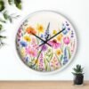 Spring Flowers wall clock white frame black hands above shelf Spring Flowers wall clock white frame black hands above shelf
