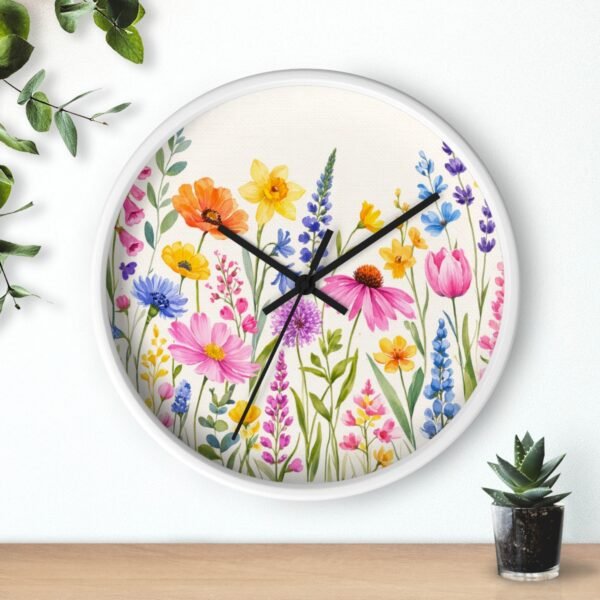 Spring Flowers wall clock white frame black hands above shelf Spring Flowers wall clock white frame black hands above shelf