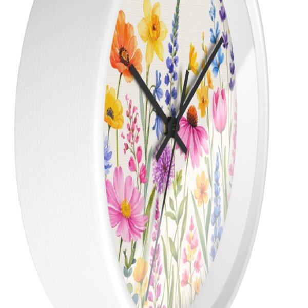 Spring Flowers wall clock white frame black hands side view Spring Flowers wall clock white frame black hands side view