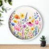 Spring Flowers wall clock white frame white hands above shelf Spring Flowers wall clock white frame white hands above shelf