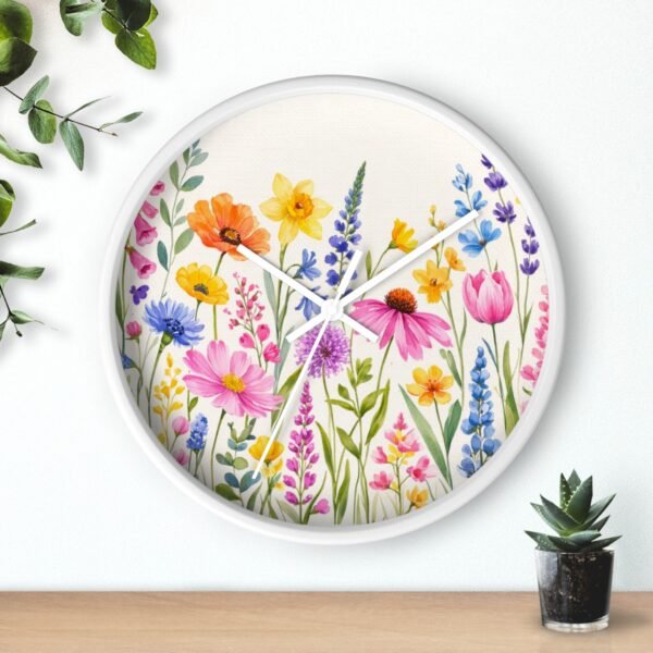 Spring Flowers wall clock white frame white hands above shelf Spring Flowers wall clock white frame white hands above shelf