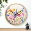 Spring Flowers wall clock wood frame black hands above shelf Spring Flowers wall clock wood frame black hands above shelf