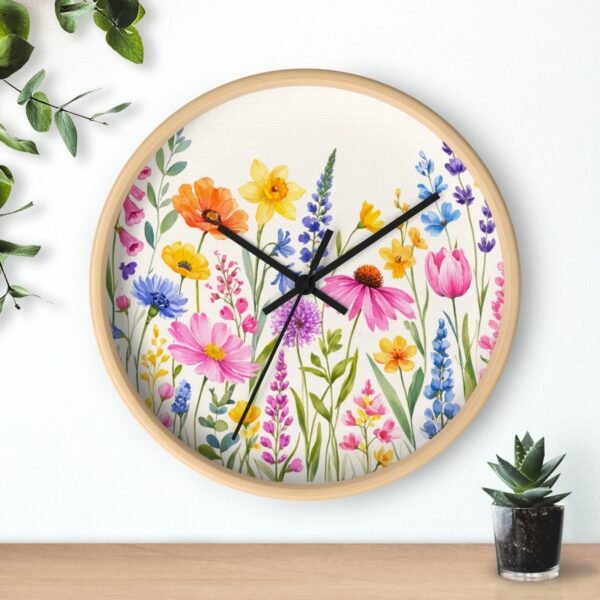Spring Flowers wall clock wood frame black hands above shelf Spring Flowers wall clock wood frame black hands above shelf
