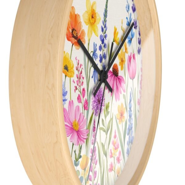 Spring Flowers wall clock wood frame black hands side view Spring Flowers wall clock wood frame black hands side view