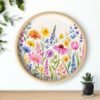 Spring Flowers wall clock wood frame white hands above shelf Spring Flowers wall clock wood frame white hands above shelf