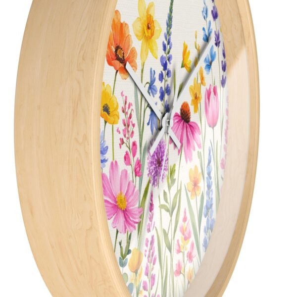 Spring Flowers wall clock wood frame white hands side view Spring Flowers wall clock wood frame white hands side view