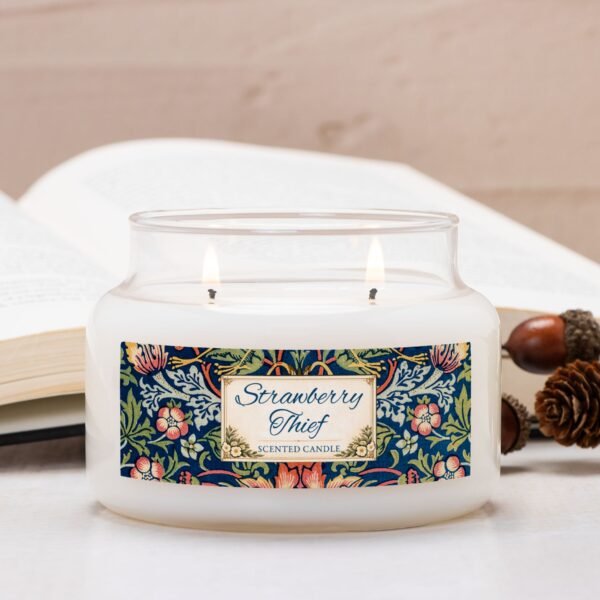 Strawberry Thief 2 wick lit candle with pinecones