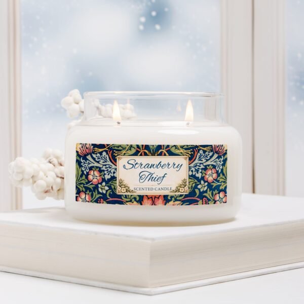 Strawberry Thief lit 2 wick candle in winter scene