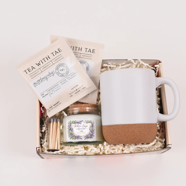 White Sage Lavender candle tea gift set with white mug