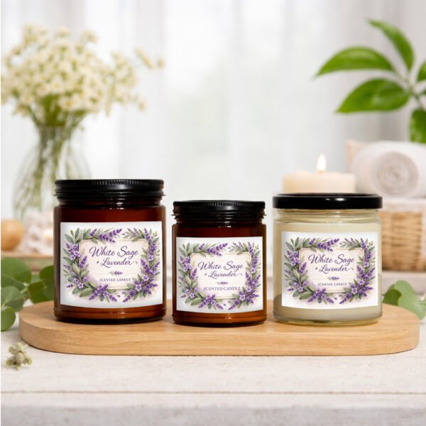 White Sage Lavender candles sitting on table