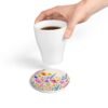spring flowers ceramic tile round coaster with hand holding coffee cup spring flowers ceramic tile round coaster with hand holding coffee cup
