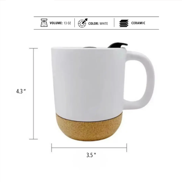 white mug with cork bottom information sheet