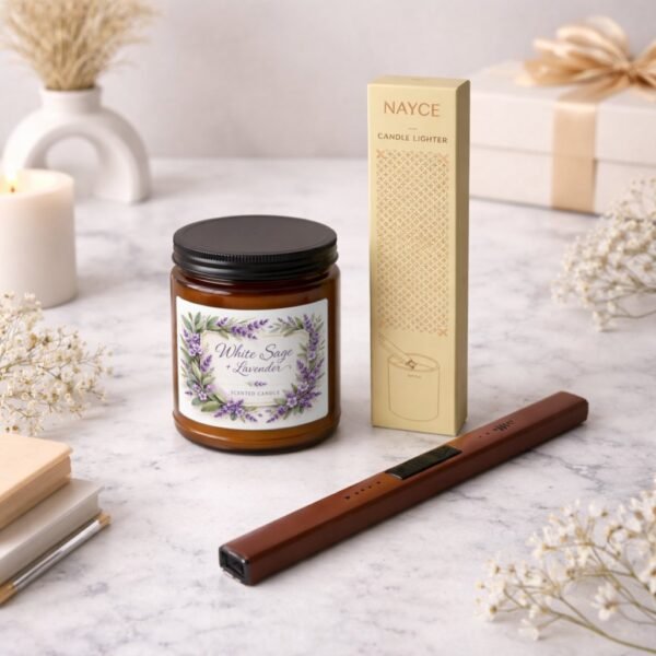 white sage lavender candle gift set with electic lighter on counter