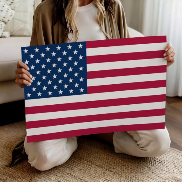 American Flag fine art paper print with woman holding art in hands American Flag fine art paper print with woman holding art in hands