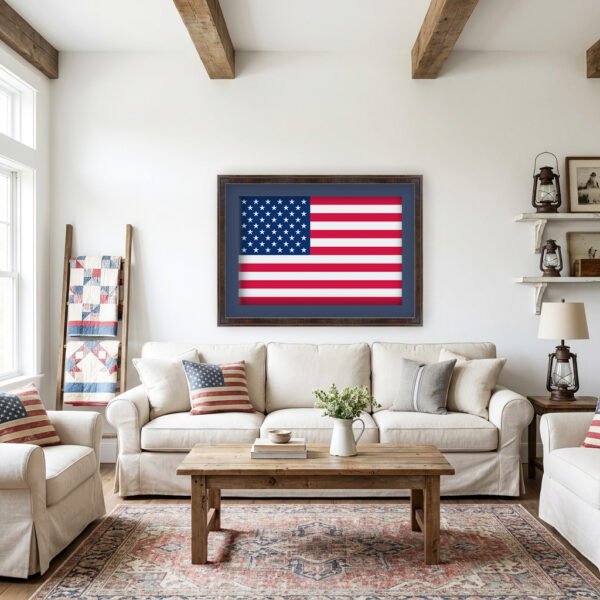 American Flag fine paper framed wall art in farmhouse setting American Flag fine paper framed wall art in farmhouse setting