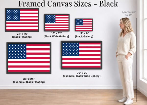 American Flag framed canvas size guide black
