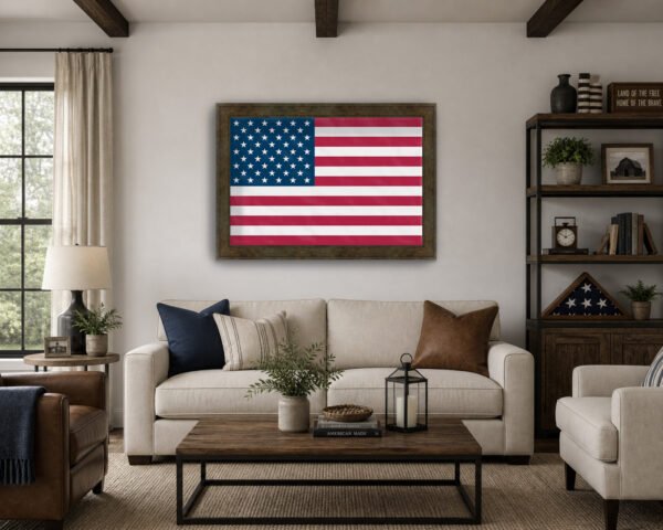 American Flag framed canvas wall art in a farmhouse living room American Flag framed canvas wall art in a farmhouse living room