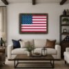 American Flag framed canvas wall art in a farmhouse living room