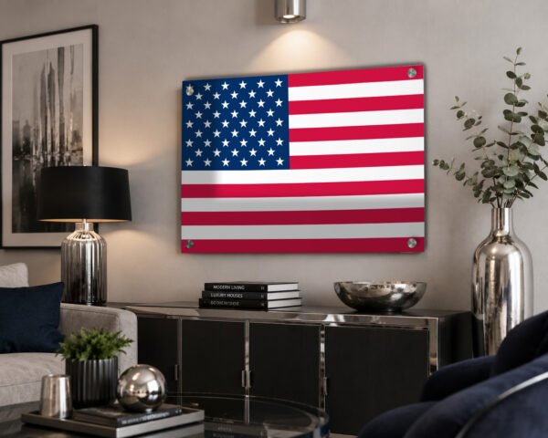 American Flag metal wall art with posts in a modern setting