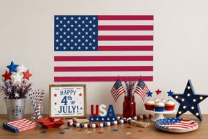 American Flag stick and peel wall art above a 4thofJuly party table