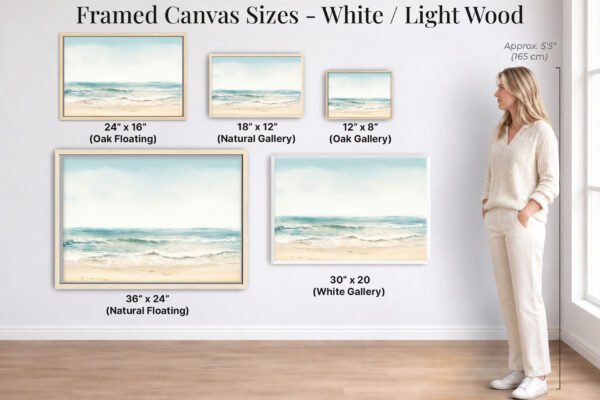 Ocean Breeze canvas framed art size guide Light Wood