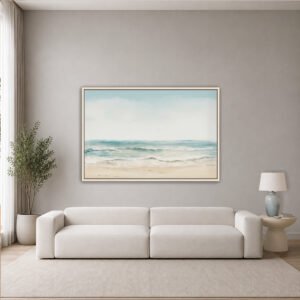 Ocean Breeze canvas wall art with natural floating frame in a modern living room