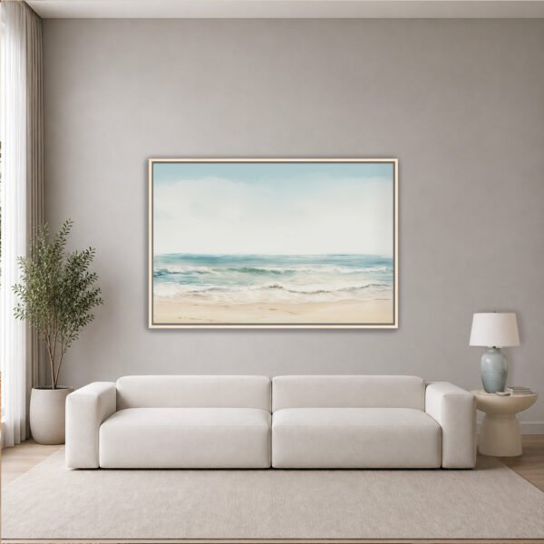 Ocean Breeze canvas wall art with natural floating frame in a modern living room