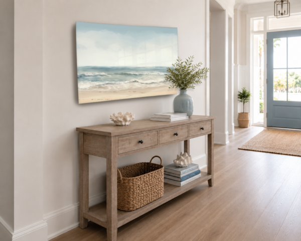 Ocean Breeze metal wall art in a coastal home entryway