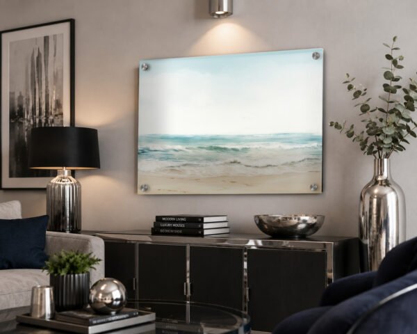 Ocean Breeze metal wall art with posts in a modern room setting