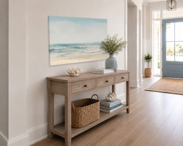 Ocean Breeze unframed canvas wall art in a coastal home entryway