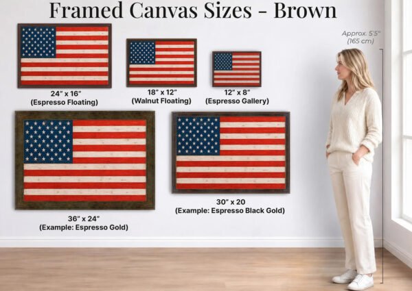 Rustic American Flag canvas wall art brown framed sizes