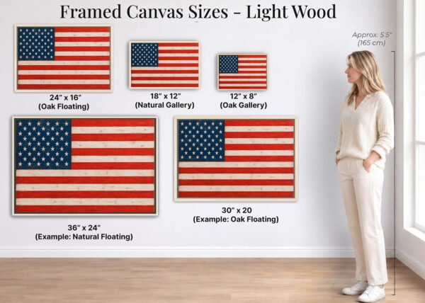 Rustic American Flag canvas wall art light wood framed sizes
