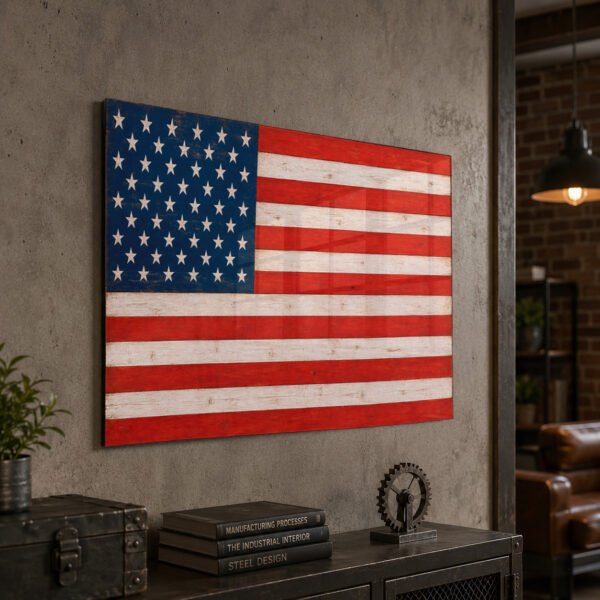 Rustic American Flag metal wall art on a wall in an industrial style setting