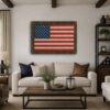 Rustic American Flag wall art on a wall in a living room setting