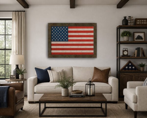 Rustic American Flag wall art on a wall in a living room setting