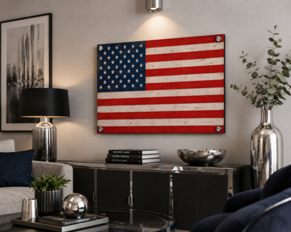 Rustic Anerican Flag metal wall art with posts in a modern room setting