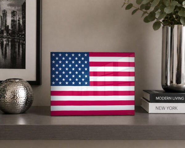 american flag metal art on shelf