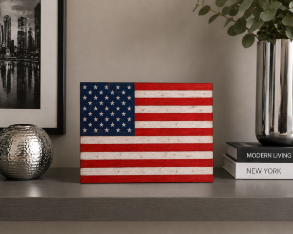 rustic american flag metal art on shelf
