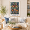 Strawberry Thief framed wall art in oak frame in casural coastal setting Strawberry Thief framed wall art in oak frame in casural coastal setting