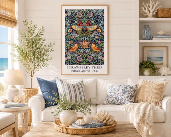 Strawberry Thief framed wall art in oak frame in casural coastal setting Strawberry Thief framed wall art in oak frame in casural coastal setting
