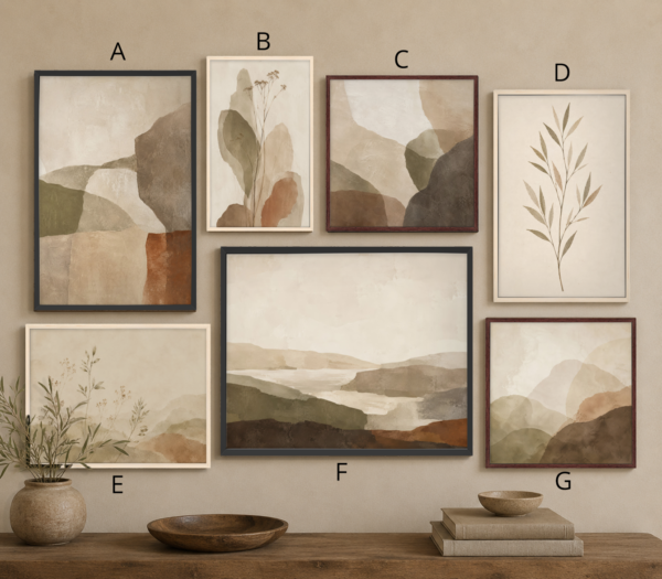 Earthy Abstract Botanicals Gallery Wall with no mats