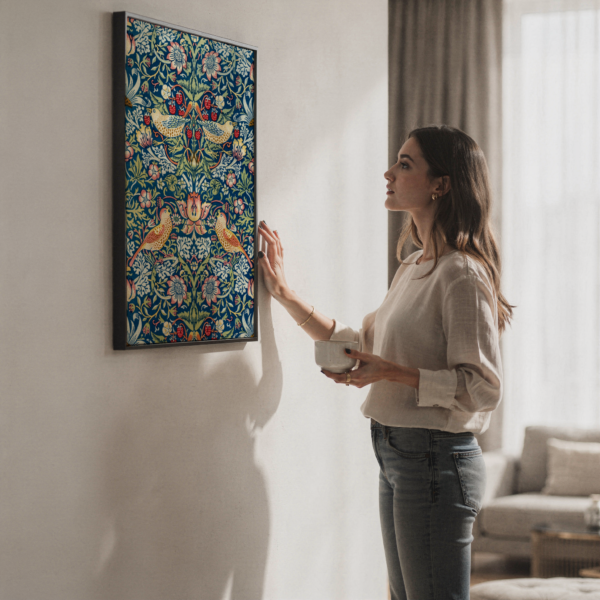Strawberry Thief canvas wall art with woman admiring art Strawberry Thief canvas wall art with woman admiring art