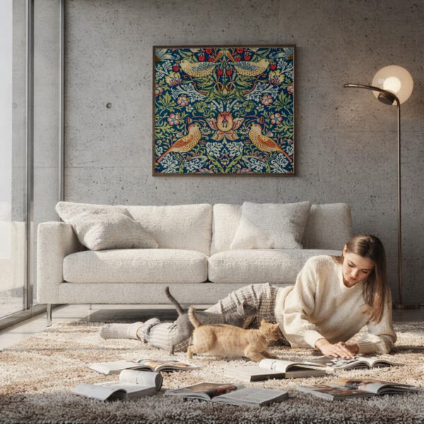 Strawberry Thief square canvas wall art above couch