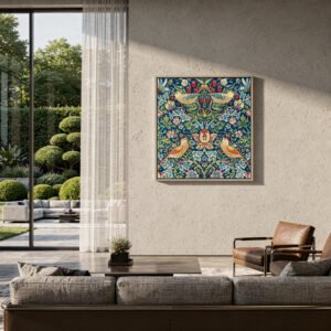Strawberry Thief square canvas wall art on family room wall Strawberry Thief square canvas wall art on family room wall