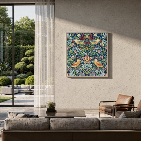 Strawberry Thief square canvas wall art on family room wall
