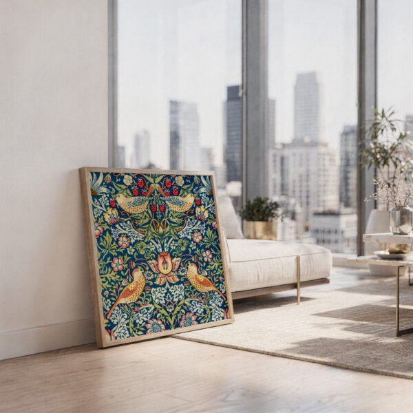 Strawberry Thief square canvas wall art sitting against couch